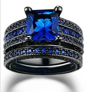 Black Gold Plated Two Pieces Rings Blue Stones Ring